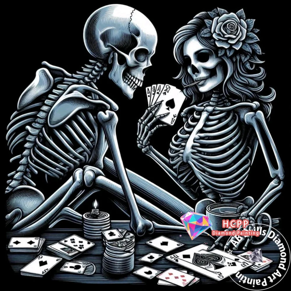 A detailed illustration of a skull with flowers and bones, used as context for a Diamond Painting kit.