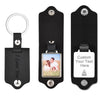 Black leather keychain with a custom photo and personalized engraving option.