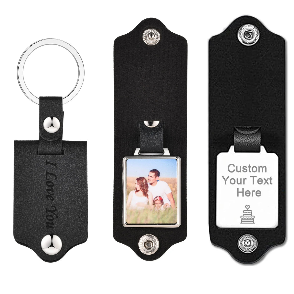 Black leather keychain with a custom photo and personalized engraving option.