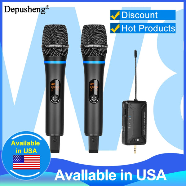 Zwei professionelle schwarze UHF-drahtlose Karaoke-Mikrofone und ein Ladekabel vor blauem Hintergrund
