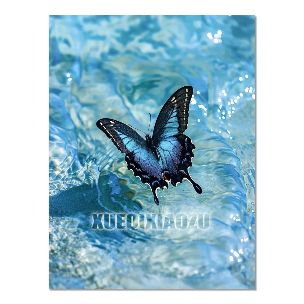 A blue butterfly is shown swimming in clear, light blue water.