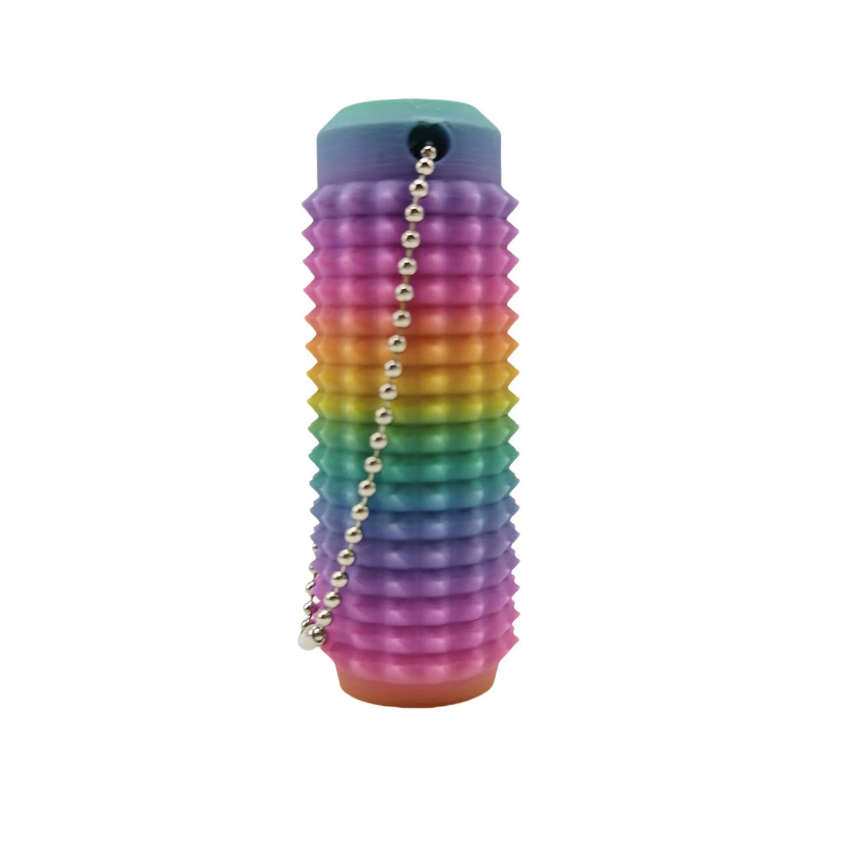 A colorful spiky sensory keychain featuring stacked, translucent silicone rings in shades of purple, blue, green, yellow, and