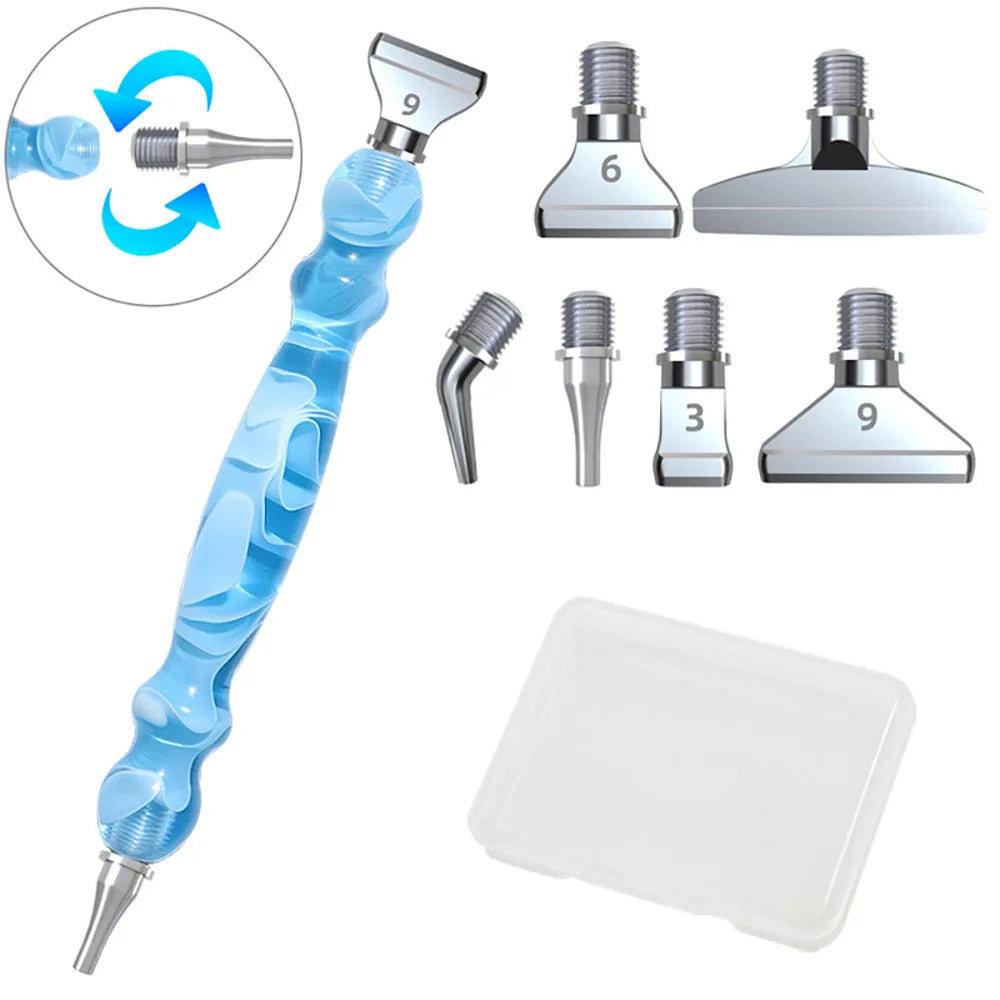 A set of interchangeable resin diamond painting brushes with six tips and a clear plastic tray.