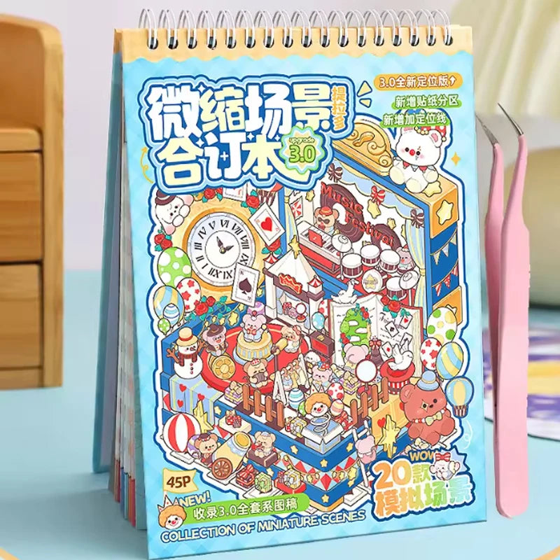 A colorful sticker book featuring miniature scenes and characters for scrapbooking and journaling