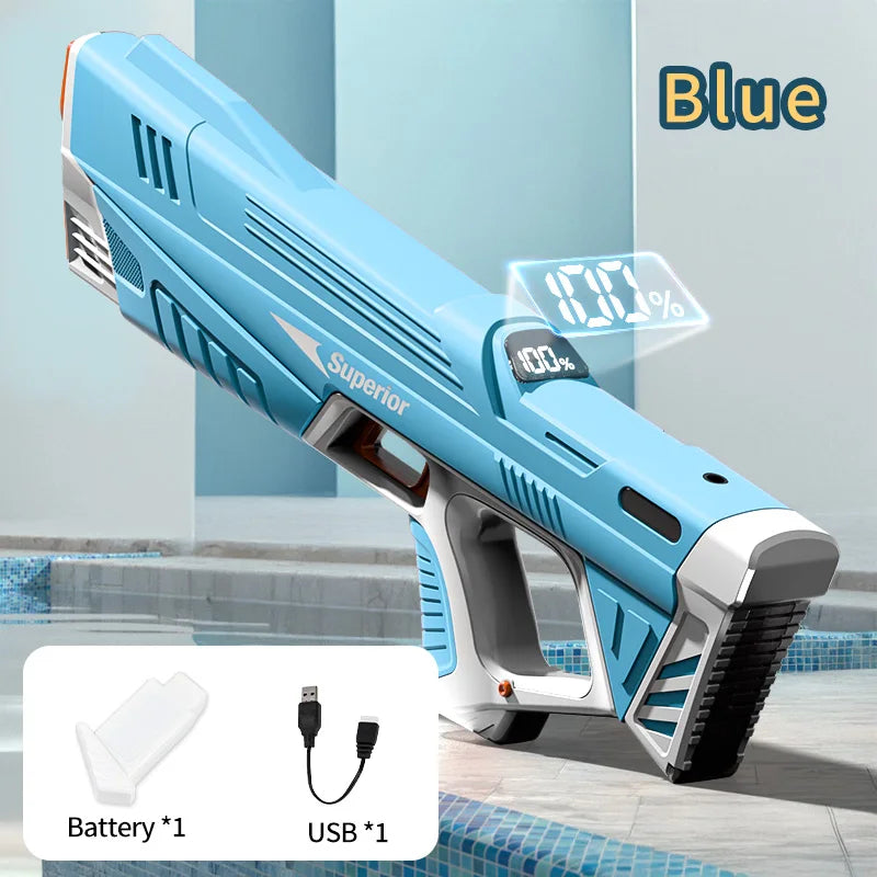 A blue electric automatic water gun is shown with a battery and USB cable, displayed on a tiled surface.