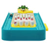 A mini frog bowling game set featuring a yellow lane, white and red bowling pins, and a green frog topper.