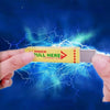 A hand holds a stick of electric shock chewing gum with lightning effects surrounding it.