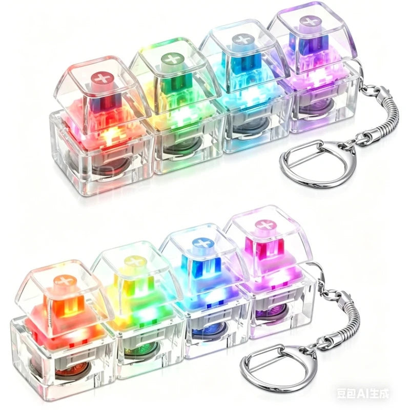A set of nine clear plastic LED fidget buttons mounted on a silver keychain.