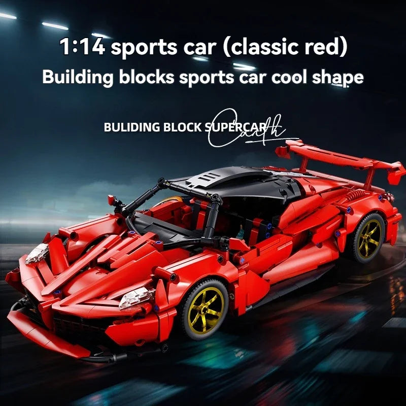 A red sports car model built from building blocks, showing the cool shape of a classic red car.