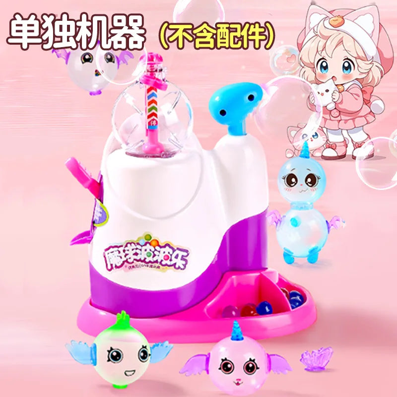 A pink and white balloon modeling kit featuring an inflator tool and several small, colorful balloons.