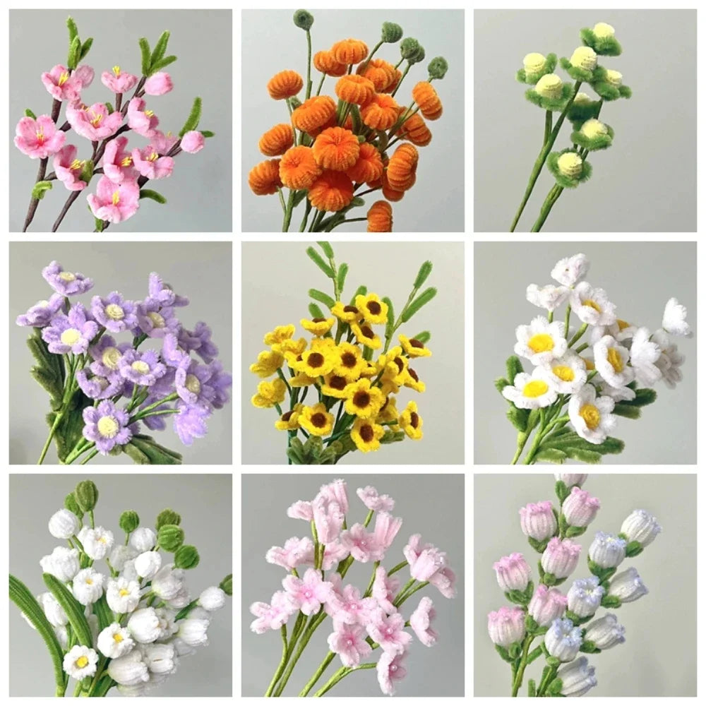A collection of colorful chenille stem craft sticks featuring various floral shapes and textures.