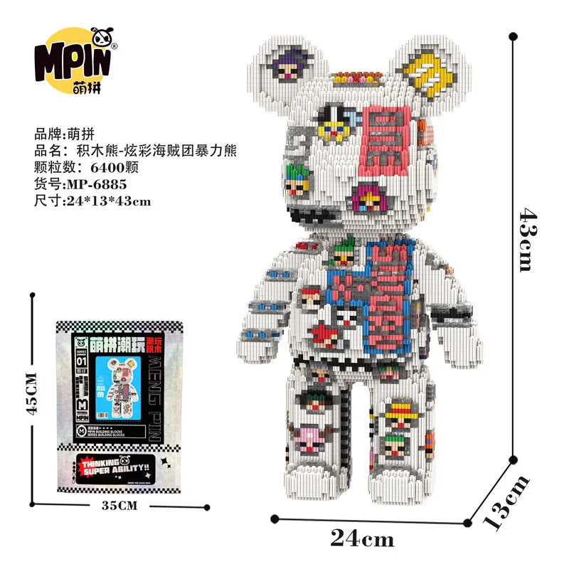A detailed building block kit of a bear character featuring various facial expressions and clothing details.
