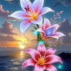 Vibrant watercolor painting of pink and purple lily flowers against a sunset sky.
