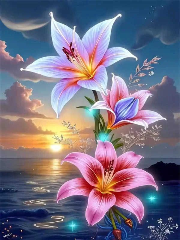 Vibrant watercolor painting of pink and purple lily flowers against a sunset sky.