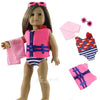 A doll wearing a pink and blue outfit set with matching accessories like sunglasses and a pink cloth.