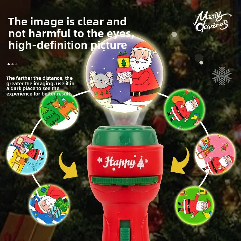 A red Christmas projection flashlight illuminating a smiling Santa Claus and reindeer figures.
