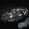 A detailed black 1:14 scale RC sports car building kit with components and packaging visible.