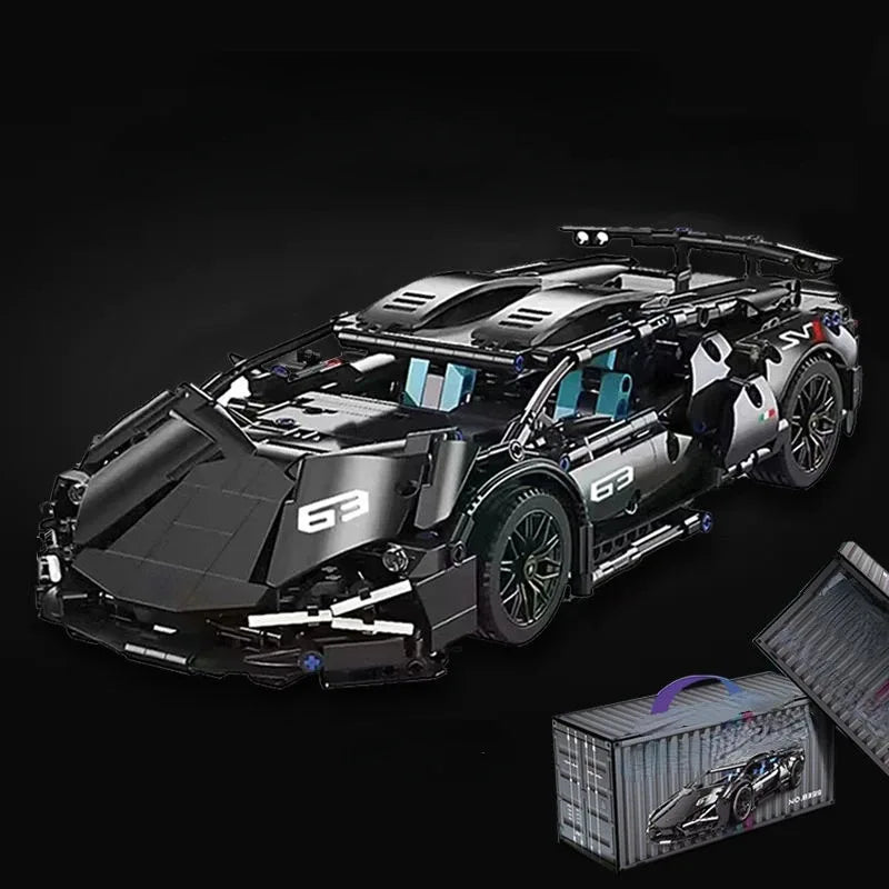 A detailed black 1:14 scale RC sports car building kit with components and packaging visible.