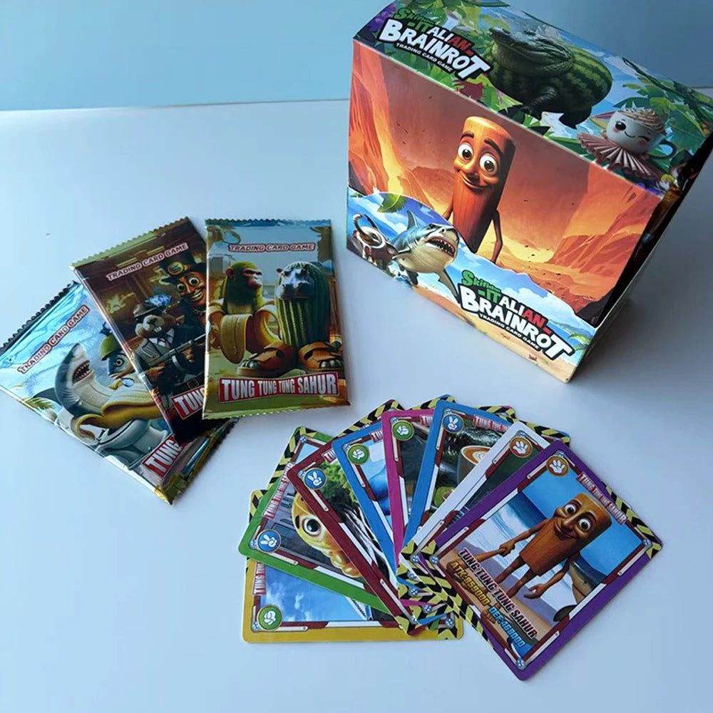 A box of Meme Brainrot trading cards featuring funny characters and illustrations.