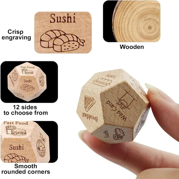 Un juego de dados de madera para decisiones alimentarias con grabado nítido y bordes redondeados suaves.