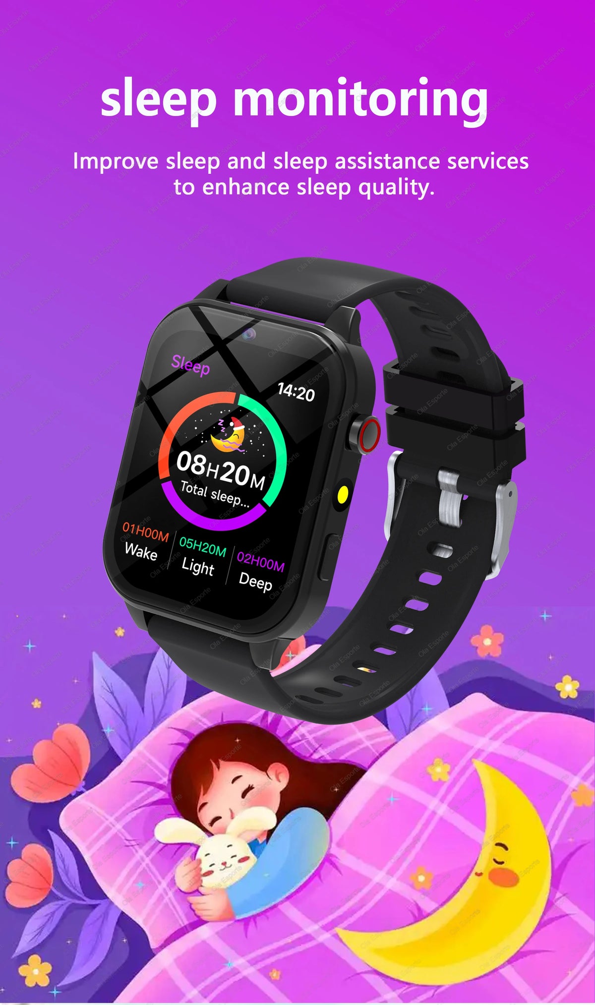 A black smartwatch is shown next to a sleeping child, illustrating sleep monitoring features.