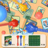A set of Cat & Mouse reaction battle game components including yellow and red plastic toys, a red ball, and green board piece