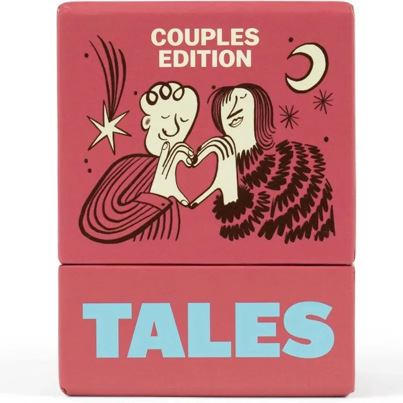 Boîte rose pour un jeu de cartes Édition Couples avec des illustrations de deux personnes et une lune en croissant.