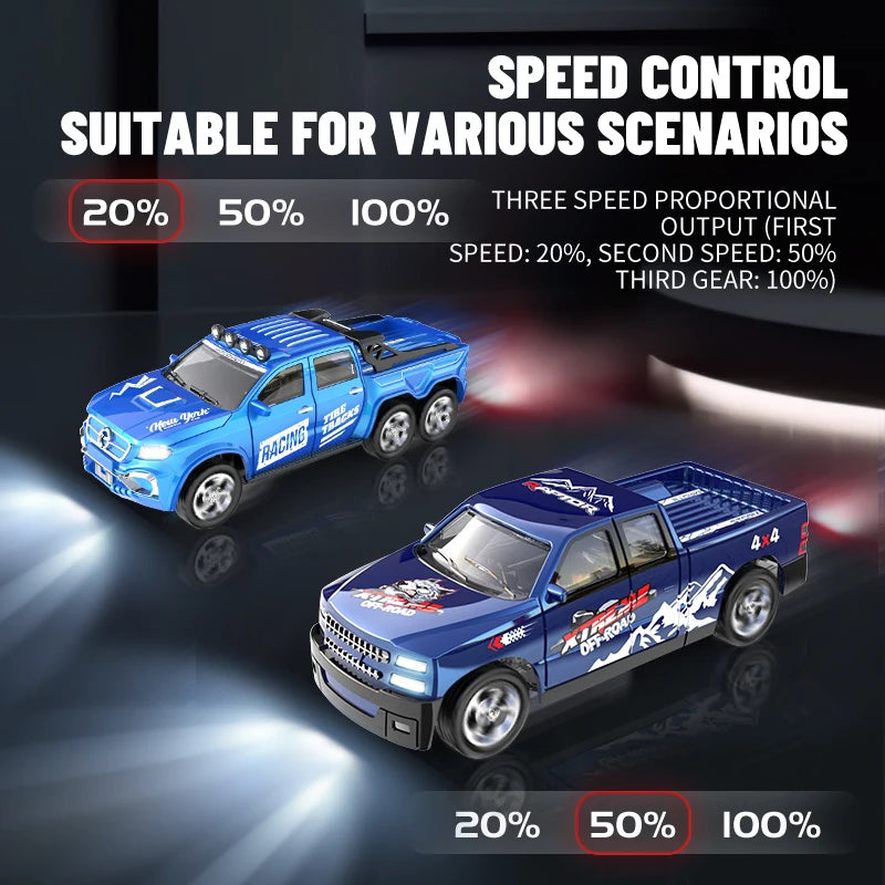 Blue Mini Alloy RC Car with speed control features demonstrating 20%, 50%, and 100% output.