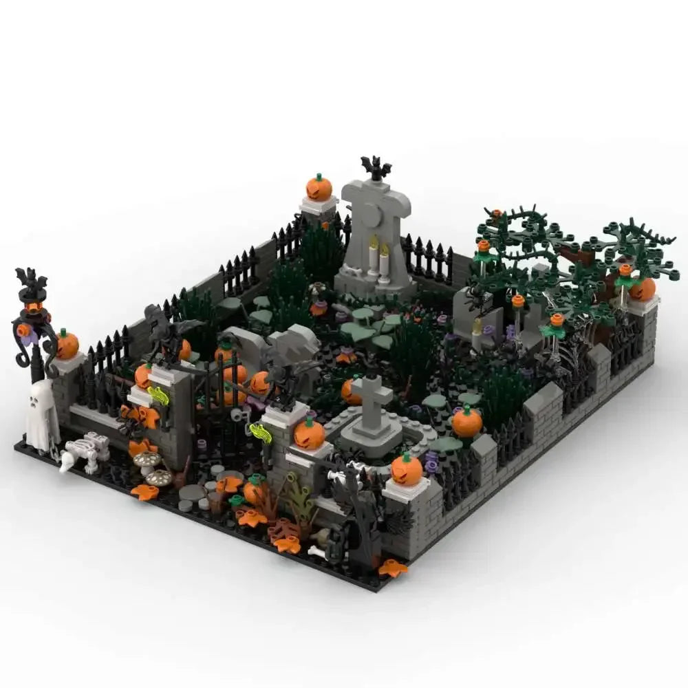 A detailed miniature haunted house set built from gray and green building blocks for Halloween decoration.