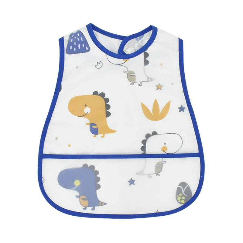 A white baby bib with a blue trim featuring various cartoon animal patterns like dinosaurs and birds.