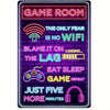 A purple metal wall sign featuring text and icons related to gaming, including Wi-Fi, lag, and headphones.