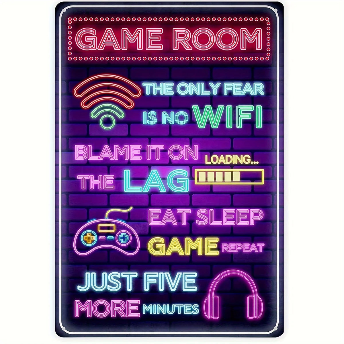 A purple metal wall sign featuring text and icons related to gaming, including Wi-Fi, lag, and headphones.