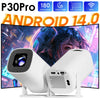 A white P30Pro smart mini projector is shown next to a woman, with features like ANSI lumens and Wi-Fi displayed.