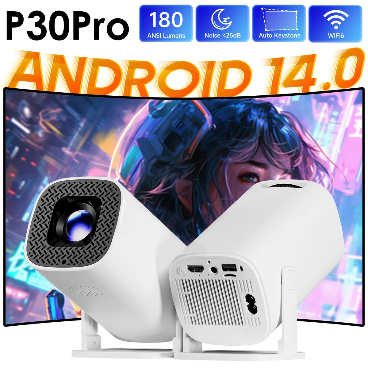 A white P30Pro smart mini projector is shown next to a woman, with features like ANSI lumens and Wi-Fi displayed.