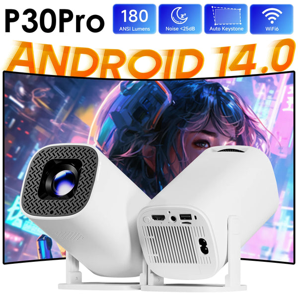 A white P30Pro smart mini projector is shown next to a woman, with features like ANSI lumens and Wi-Fi displayed.
