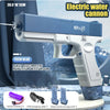 A blue electric water cannon gun is shown next to its components, including a lithium battery and USB charging cable.