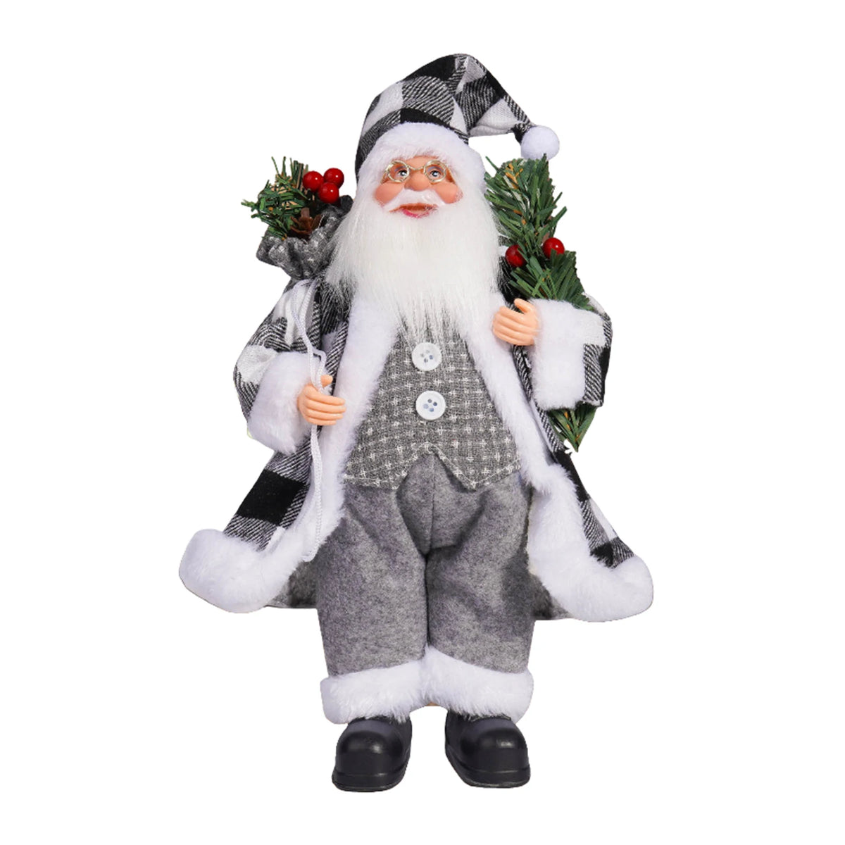 A 30cm Christmas Santa Claus figurine with a white beard, black and white attire, and a festive hat.