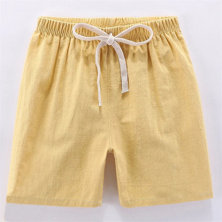 Yellow linen shorts for kids with an adjustable drawstring waist