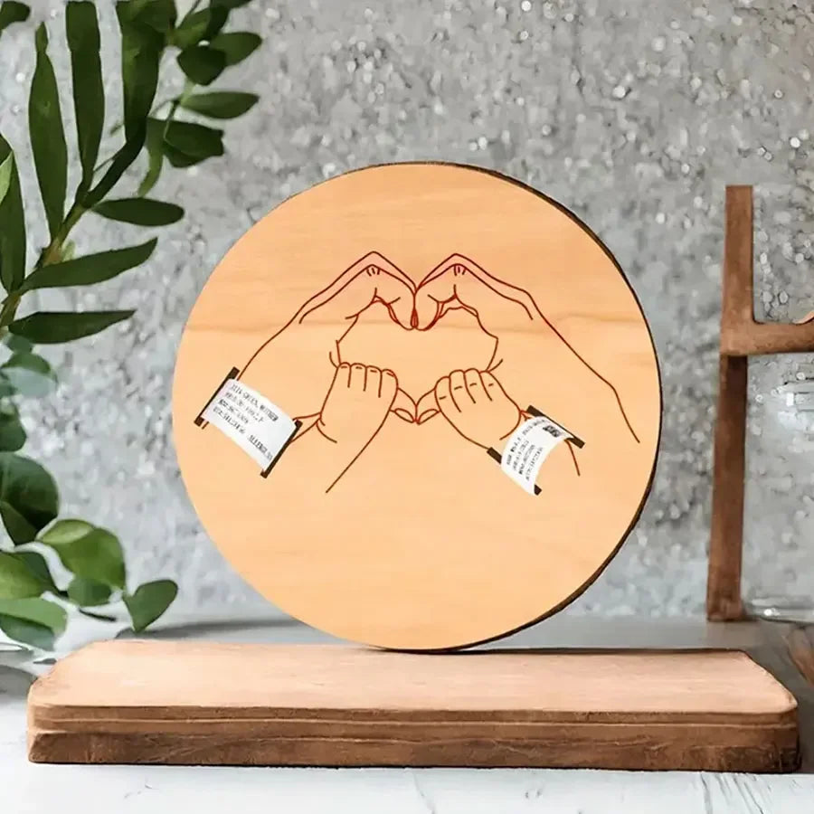 Wooden Baby Birth Memory Keepsake Set with Wristband and Display Stand