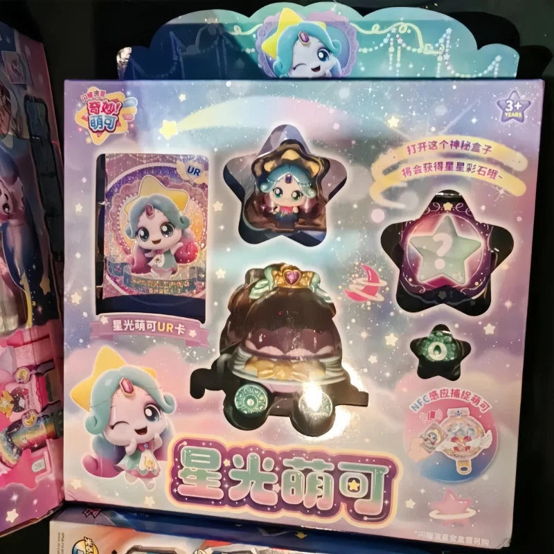 A packaged collectible figure featuring a character with purple and white features, set against a bright blue and purple back