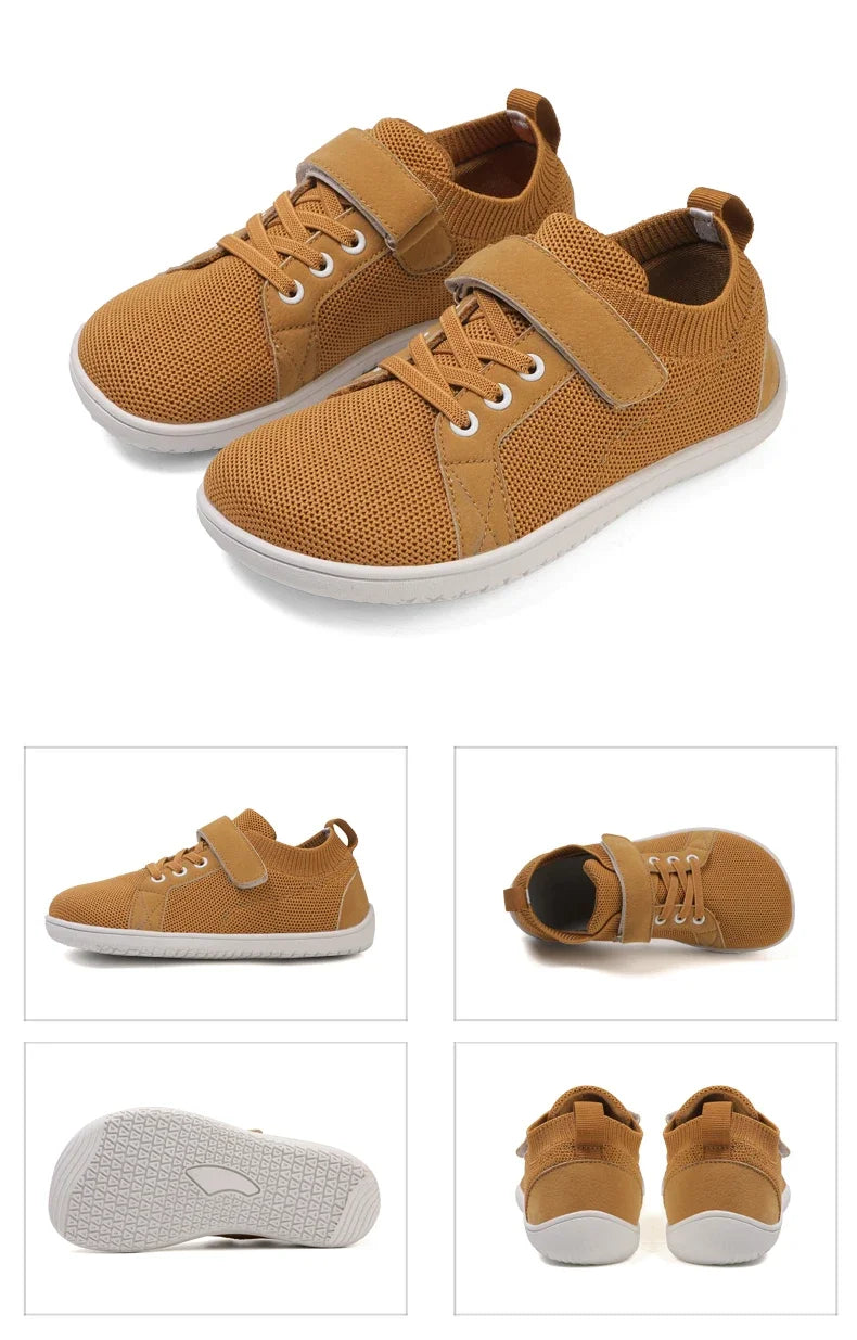 A pair of tan minimalist barefoot sneakers shown from the side and top view.