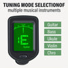 A black clip-on digital tuner for selecting tuning modes of multiple musical instruments like guitar, bass, ukulele, violin, 