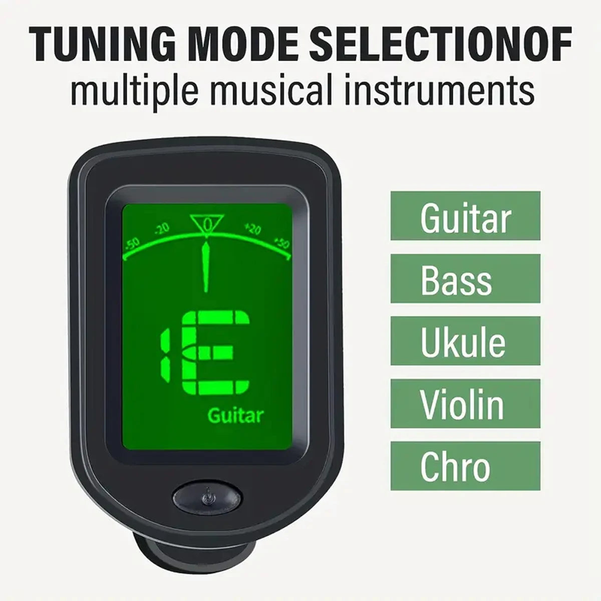 A black clip-on digital tuner for selecting tuning modes of multiple musical instruments like guitar, bass, ukulele, violin, 