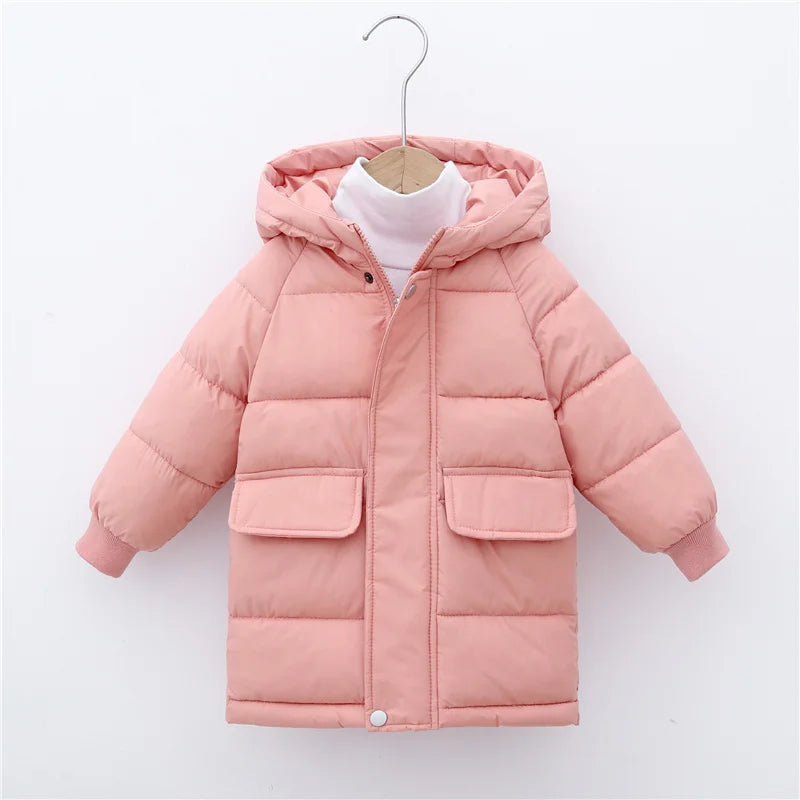 A pink kids' padded parka jacket with a hood displayed on a hanger.