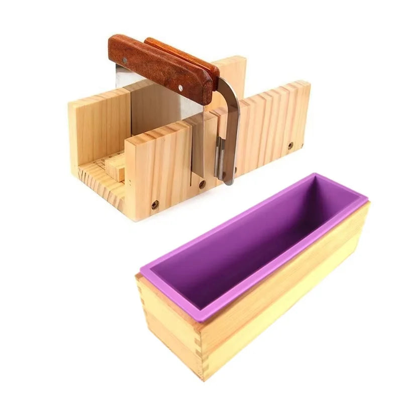 Complete Silicone Soap Making Mold Kit with Wooden Box and Stainless Steel Cutters