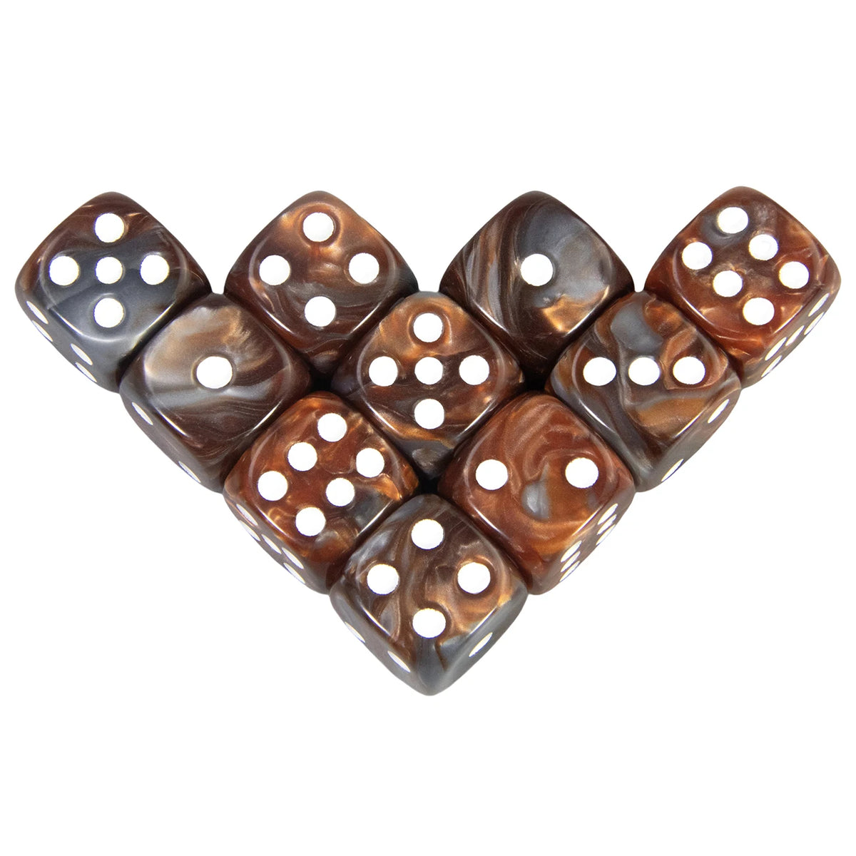 A set of ten 16mm acrylic D6 dice in a multi-color, round corner design.