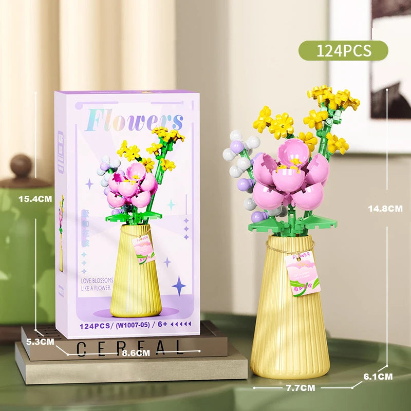 A set of 124 flower bouquet building blocks with a vase and flowers for DIY home decor
