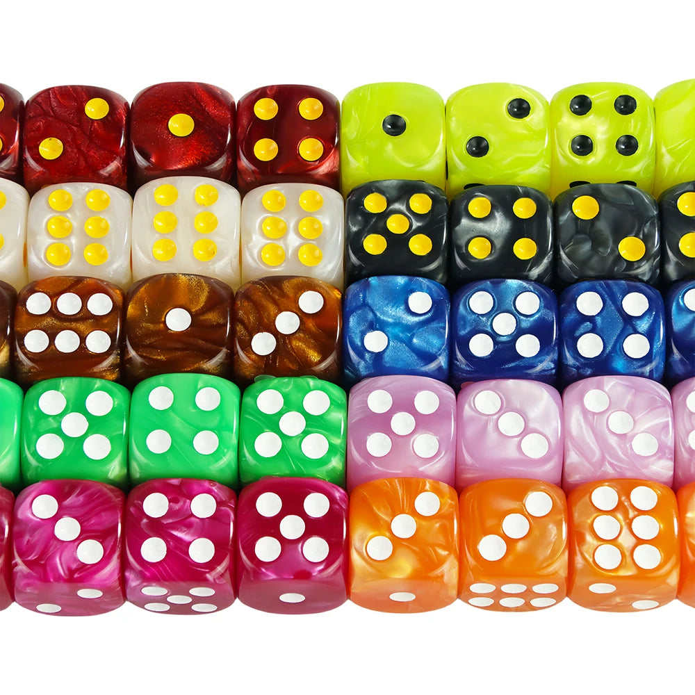 A set of ten marble effect acrylic D6 dice in various colors and patterns for tabletop gaming.