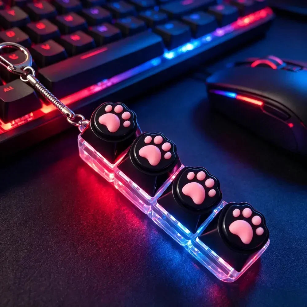 A clear acrylic keychain featuring paw print keycaps with LED lighting resting on a dark surface.