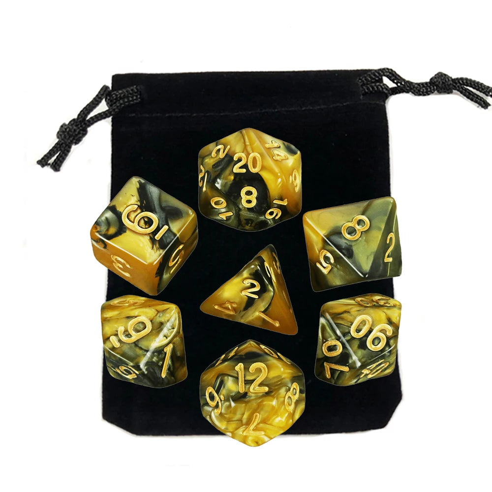 A set of polyhedral dice, including a d10 and d6, is displayed in a black storage bag.